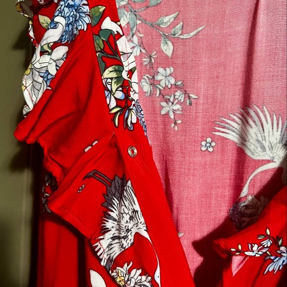 Silver Jeans Co. Red Floral Wrap Dress with Ruffles | Size L | Cranes & Blossoms - Picture 5 of 12